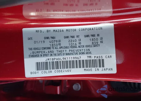 2019 Mazda Mazda3 Preferred Package from USA, damaged, VIN JM1BPADL9K1119967